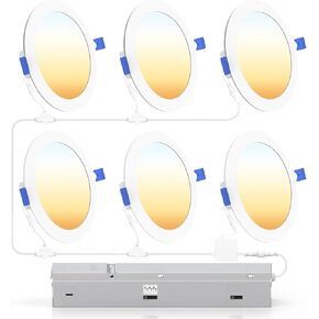 Ensenior 6 Pack 4 Inch LED Recessed Ceiling Light with Central Junction Box Kit, Dimmable, 2700K-5000K 5CCT, 750LM, 9W 120V, Ultra-Thin Canless Wafer Downlight - ETL & FCC & IC & Damp Rated