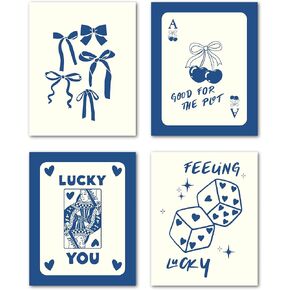 LiTiu Coquette Preppy Room Decor - Posters for Room Aesthetic Set of 4 - Blue Bow Cherry Lucky Queen Coquette Wall Decor Posters for Girls Bedroom Dorm - 8x10 in Poster (Unframed)