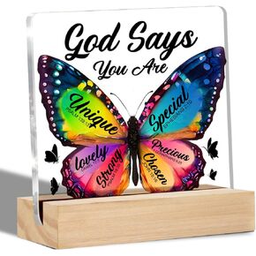 Inspirational Christian Gift for Women Daughter Sister Friends, Religious Gifts Butterfly Clear Desk Sign God Says You Are Acrylic Sign Keepsake