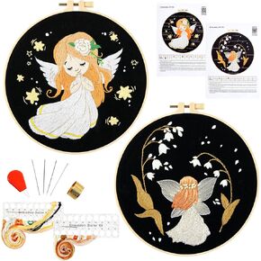 Armindou Angel Embroidery Starter Kit for Beginners Adults, Stamped Cross Stitch Kit for Adult Beginners, Hand Embroidery Needlepoint Kits, 2 Set Embroidery Supplies, 2 Hoops (Attached Video Tutorial)