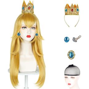Kids Girls Long Blonde Wig for Princess Cosplay,5 Piece Set Yellow Blonde Halloween Cosplay Wig Costume Party Wigs with Crown,Brooch,Earrings,Wig Caps