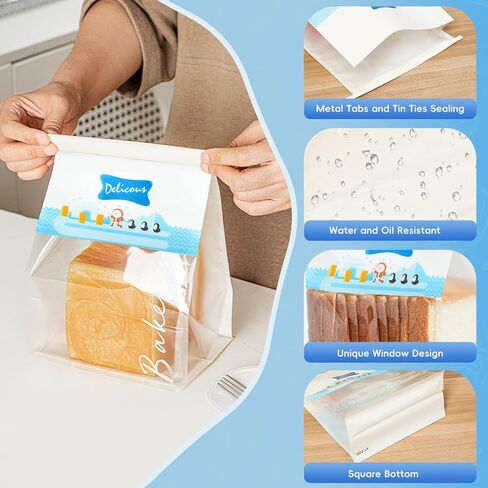 Funcoo 50 Paper Bread Bags for Home Bread Sourdough Bread Bakery Storage Bags with Window/Ties, Large Bakery Bread Loaf Bags for Baked Goods Packaging in Saudi Arabia