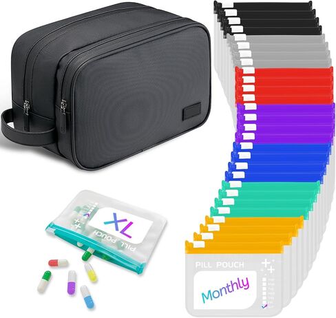 مجموعة منظم حبوب الدواء المقاومة للماء، منظم حبوب الدواء الكبير شهريًا، تخزين حبوب الدواء مع 28 قطعة من أكياس الأدوية المرمزة بالألوان، منظم أدوية السفر القابل لإعادة الاستخدام، منظم حبوب الدواء بسحاب in Kuwait