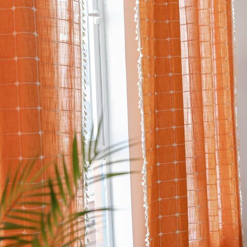 2 لوحة قطن كتان بوهو ستائر بطول 84 بوصة لغرفة المعيشة وغرفة النوم والمطبخ وشبكة منقوشة شبه معتمة على شكل نافذة مزرعة بوهيمية معالجة لنوافذ المزرعة، شرابات، أوريجان in Kuwait