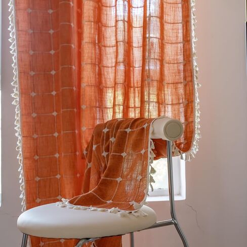 2 لوحة قطن كتان بوهو ستائر بطول 84 بوصة لغرفة المعيشة وغرفة النوم والمطبخ وشبكة منقوشة شبه معتمة على شكل نافذة مزرعة بوهيمية معالجة لنوافذ المزرعة، شرابات، أوريجان in Kuwait