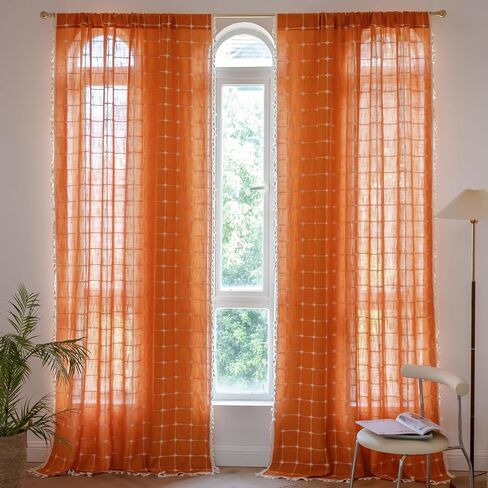 2 لوحة قطن كتان بوهو ستائر بطول 84 بوصة لغرفة المعيشة وغرفة النوم والمطبخ وشبكة منقوشة شبه معتمة على شكل نافذة مزرعة بوهيمية معالجة لنوافذ المزرعة، شرابات، أوريجان in Kuwait