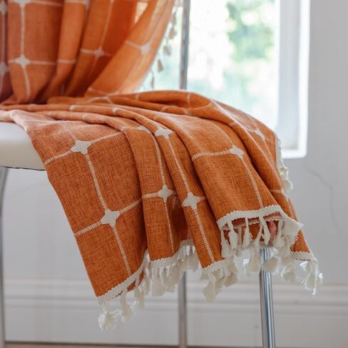 2 لوحة قطن كتان بوهو ستائر بطول 84 بوصة لغرفة المعيشة وغرفة النوم والمطبخ وشبكة منقوشة شبه معتمة على شكل نافذة مزرعة بوهيمية معالجة لنوافذ المزرعة، شرابات، أوريجان in Kuwait