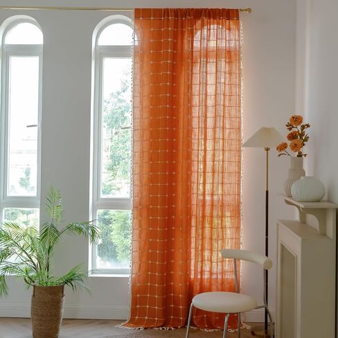 2 لوحة قطن كتان بوهو ستائر بطول 84 بوصة لغرفة المعيشة وغرفة النوم والمطبخ وشبكة منقوشة شبه معتمة على شكل نافذة مزرعة بوهيمية معالجة لنوافذ المزرعة، شرابات، أوريجان in Kuwait