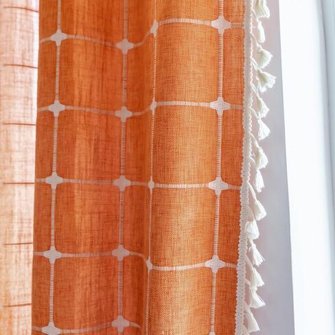 2 لوحة قطن كتان بوهو ستائر بطول 84 بوصة لغرفة المعيشة وغرفة النوم والمطبخ وشبكة منقوشة شبه معتمة على شكل نافذة مزرعة بوهيمية معالجة لنوافذ المزرعة، شرابات، أوريجان in Kuwait