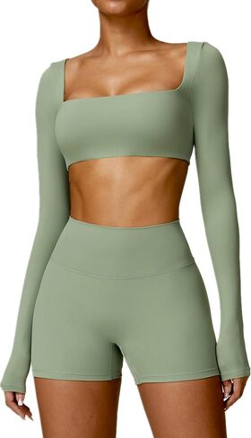 ABOCIW Long Sleeve Crop Tops for Women Square Neck Workout Crop T Shirt Top Low Medium Impac Yoga Gym Tee with Bra in Saudi Arabia