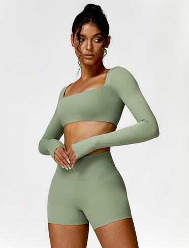 ABOCIW Long Sleeve Crop Tops for Women Square Neck Workout Crop T Shirt Top Low Medium Impac Yoga Gym Tee with Bra in Saudi Arabia