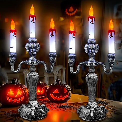 [ Extra Large ] 2 Pack Halloween Candelabra with LED Flame Less Candles Holder Battery Operated Flickering Lights Skull Candles for Halloween Decorations Indoor Home Table Party Haunted Mansion(White) in Saudi Arabia