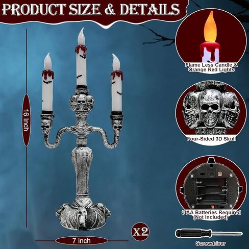 [ Extra Large ] 2 Pack Halloween Candelabra with LED Flame Less Candles Holder Battery Operated Flickering Lights Skull Candles for Halloween Decorations Indoor Home Table Party Haunted Mansion(White) in Saudi Arabia