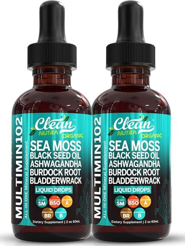 Clean Nutraceuticals Sea Moss Liquid Drops Supplement with Black Seed Oil Ashwagandha Burdock Root & Bladderwrack - Multimineral Organic Non-GMO Vegan for Gut Heath Skin Immune Support Hair (2) in Saudi Arabia