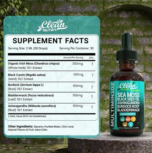 Clean Nutraceuticals Sea Moss Liquid Drops Supplement with Black Seed Oil Ashwagandha Burdock Root & Bladderwrack - Multimineral Organic Non-GMO Vegan for Gut Heath Skin Immune Support Hair (2) in Saudi Arabia