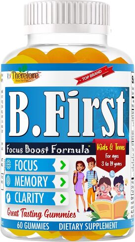 B.First Brain Supplements for Memory and Focus, Brain Booster for Kids, Teens & Children, Omega 3 Fatty Acids Enhance Attention, Clarity, Concentration, Tasty Easy-to-Swallow 60 Chewable Gummies in Saudi Arabia