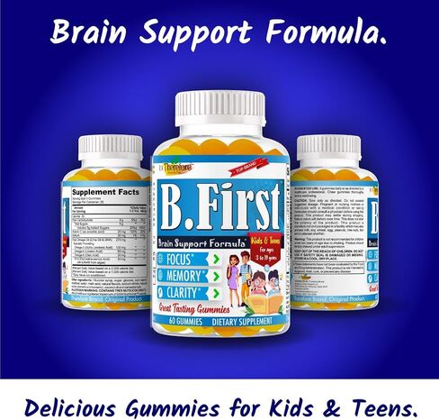 B.First Brain Supplements for Memory and Focus, Brain Booster for Kids, Teens & Children, Omega 3 Fatty Acids Enhance Attention, Clarity, Concentration, Tasty Easy-to-Swallow 60 Chewable Gummies in Saudi Arabia