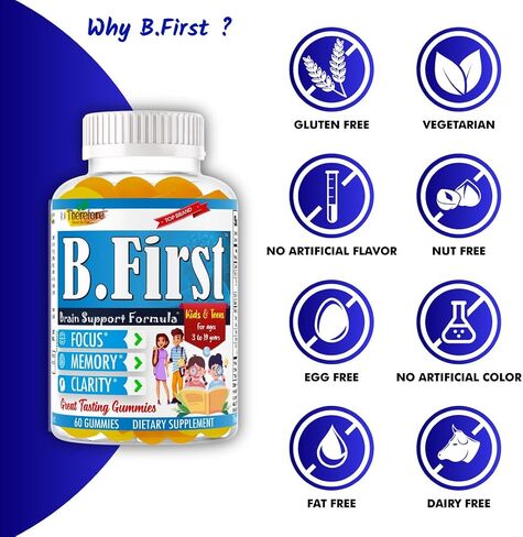B.First Brain Supplements for Memory and Focus, Brain Booster for Kids, Teens & Children, Omega 3 Fatty Acids Enhance Attention, Clarity, Concentration, Tasty Easy-to-Swallow 60 Chewable Gummies in Saudi Arabia