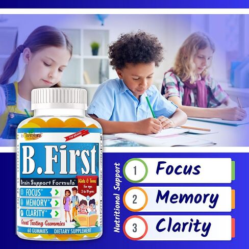 B.First Brain Supplements for Memory and Focus, Brain Booster for Kids, Teens & Children, Omega 3 Fatty Acids Enhance Attention, Clarity, Concentration, Tasty Easy-to-Swallow 60 Chewable Gummies in Saudi Arabia