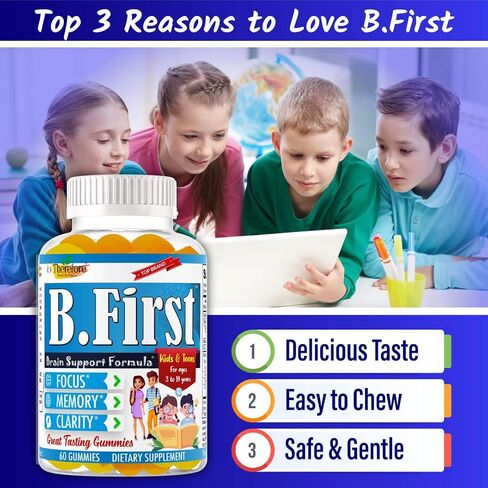 B.First Brain Supplements for Memory and Focus, Brain Booster for Kids, Teens & Children, Omega 3 Fatty Acids Enhance Attention, Clarity, Concentration, Tasty Easy-to-Swallow 60 Chewable Gummies in Saudi Arabia