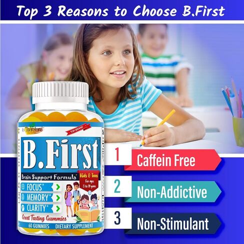 B.First Brain Supplements for Memory and Focus, Brain Booster for Kids, Teens & Children, Omega 3 Fatty Acids Enhance Attention, Clarity, Concentration, Tasty Easy-to-Swallow 60 Chewable Gummies in Saudi Arabia