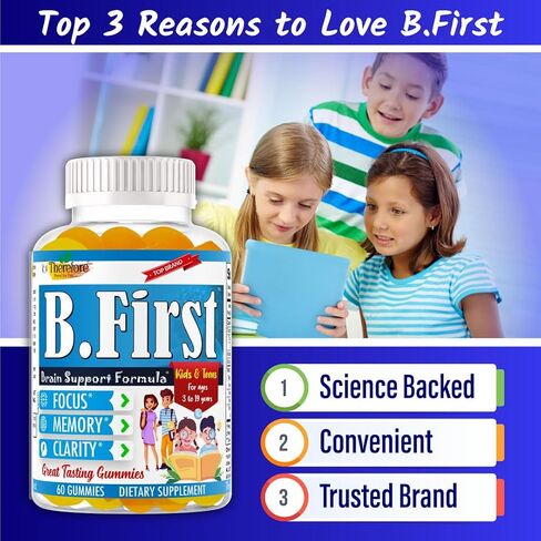 B.First Brain Supplements for Memory and Focus, Brain Booster for Kids, Teens & Children, Omega 3 Fatty Acids Enhance Attention, Clarity, Concentration, Tasty Easy-to-Swallow 60 Chewable Gummies in Saudi Arabia