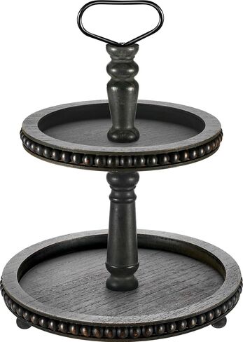 Handmade Two Tiered Tray Stand, Small Beaded Tiered Seasonal Tray Decor, White Washed Wooden Kitchen Serving Tray for Coffee Food Fruits Cupcakes, Home Decor Holiday Display in Saudi Arabia