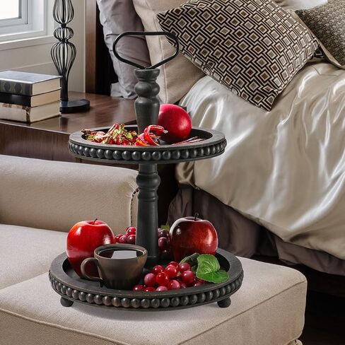 Handmade Two Tiered Tray Stand, Small Beaded Tiered Seasonal Tray Decor, White Washed Wooden Kitchen Serving Tray for Coffee Food Fruits Cupcakes, Home Decor Holiday Display in Saudi Arabia