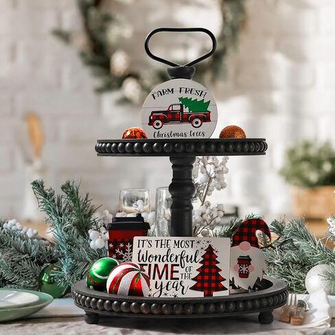 Handmade Two Tiered Tray Stand, Small Beaded Tiered Seasonal Tray Decor, White Washed Wooden Kitchen Serving Tray for Coffee Food Fruits Cupcakes, Home Decor Holiday Display in Saudi Arabia
