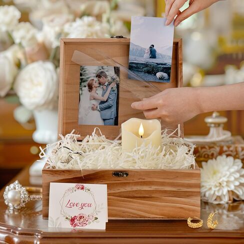 هدية خطوبة للزوجين، صندوق تذكار خشبي كبير مع غطاء لحفل زفافها الجميل، صندوق خشبي لهدية تذكار الزفاف، هدايا عيد الحب للزوجين - 10.3"*8.5"*4.8" in Kuwait
