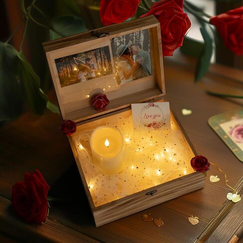 هدية خطوبة للزوجين، صندوق تذكار خشبي كبير مع غطاء لحفل زفافها الجميل، صندوق خشبي لهدية تذكار الزفاف، هدايا عيد الحب للزوجين - 10.3"*8.5"*4.8" in Kuwait