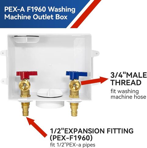 Washing Machine Outlet Box,1/2 Inch PEX A Expansion F1960 Inlet Connection,3/4 Inch MHT Outlet Male Thread Connection, PEX Box with Center/Side Drain, Washing Box with 1/4-Turn Ball Valves in Kuwait