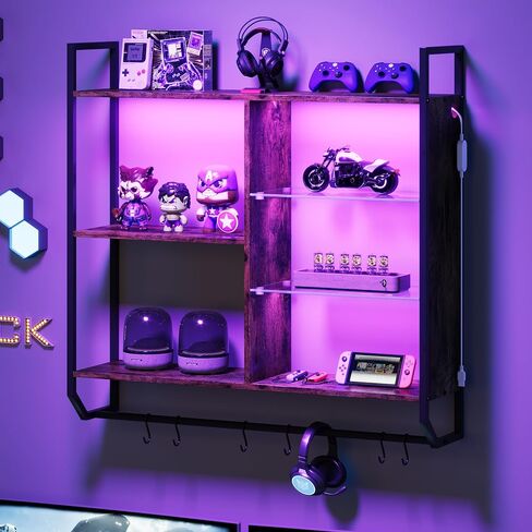 EYCOAL Gaming Floating Shelves, Wall Mounted Wooden Decor Display Shelf with 34" LED Lights and Adjustable Glass Bar Wine Shelf, Extra Hanging Hooks Storage for Gaming Room and Living Room in Saudi Arabia