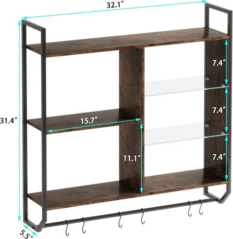 EYCOAL Gaming Floating Shelves, Wall Mounted Wooden Decor Display Shelf with 34" LED Lights and Adjustable Glass Bar Wine Shelf, Extra Hanging Hooks Storage for Gaming Room and Living Room in Saudi Arabia