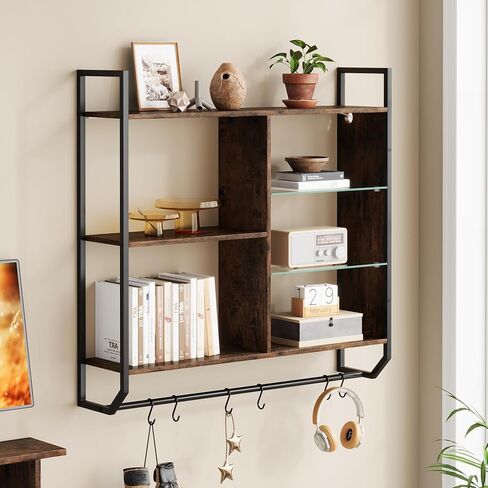 EYCOAL Gaming Floating Shelves, Wall Mounted Wooden Decor Display Shelf with 34" LED Lights and Adjustable Glass Bar Wine Shelf, Extra Hanging Hooks Storage for Gaming Room and Living Room in Saudi Arabia