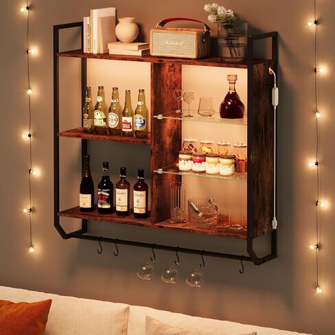 EYCOAL Gaming Floating Shelves, Wall Mounted Wooden Decor Display Shelf with 34" LED Lights and Adjustable Glass Bar Wine Shelf, Extra Hanging Hooks Storage for Gaming Room and Living Room in Saudi Arabia