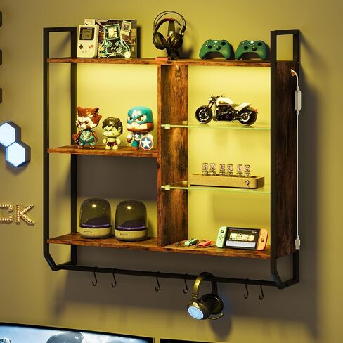 EYCOAL Gaming Floating Shelves, Wall Mounted Wooden Decor Display Shelf with 34" LED Lights and Adjustable Glass Bar Wine Shelf, Extra Hanging Hooks Storage for Gaming Room and Living Room in Saudi Arabia