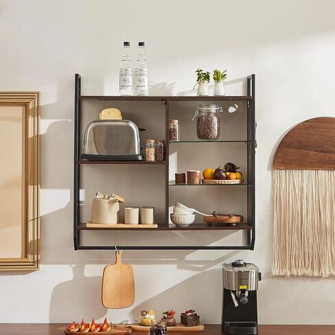 EYCOAL Gaming Floating Shelves, Wall Mounted Wooden Decor Display Shelf with 34" LED Lights and Adjustable Glass Bar Wine Shelf, Extra Hanging Hooks Storage for Gaming Room and Living Room in Saudi Arabia