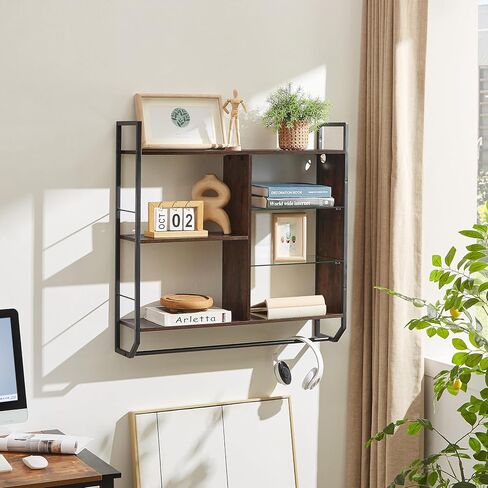 EYCOAL Gaming Floating Shelves, Wall Mounted Wooden Decor Display Shelf with 34" LED Lights and Adjustable Glass Bar Wine Shelf, Extra Hanging Hooks Storage for Gaming Room and Living Room in Saudi Arabia