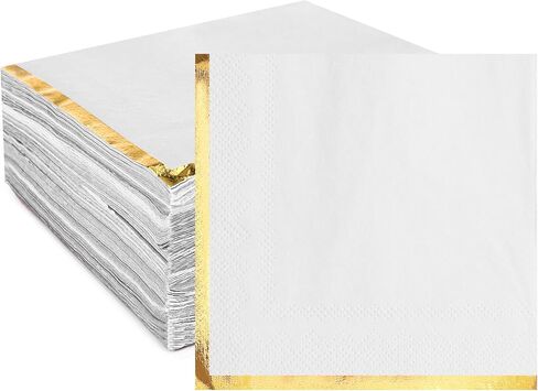 Fulmoon 100 Pack 2 Ply Cocktail Napkins Paper Gold Foil Trim Edge Beverage Dessert Disposable Paper Napkins Dinner Baby Shower Wedding Birthday Party Tableware Decorations, 5 x 5 Inches(White) in Saudi Arabia