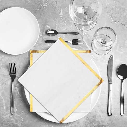 Fulmoon 100 Pack 2 Ply Cocktail Napkins Paper Gold Foil Trim Edge Beverage Dessert Disposable Paper Napkins Dinner Baby Shower Wedding Birthday Party Tableware Decorations, 5 x 5 Inches(White) in Saudi Arabia