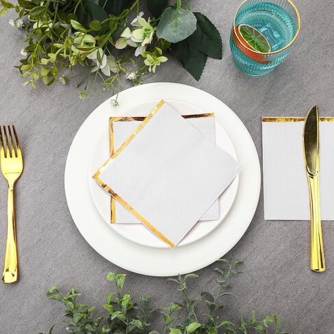 Fulmoon 100 Pack 2 Ply Cocktail Napkins Paper Gold Foil Trim Edge Beverage Dessert Disposable Paper Napkins Dinner Baby Shower Wedding Birthday Party Tableware Decorations, 5 x 5 Inches(White) in Saudi Arabia