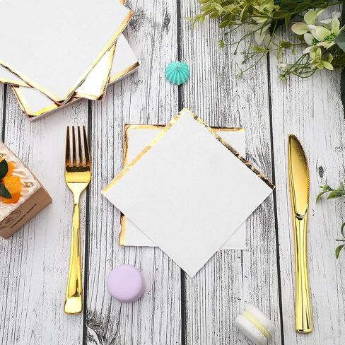 Fulmoon 100 Pack 2 Ply Cocktail Napkins Paper Gold Foil Trim Edge Beverage Dessert Disposable Paper Napkins Dinner Baby Shower Wedding Birthday Party Tableware Decorations, 5 x 5 Inches(White) in Saudi Arabia