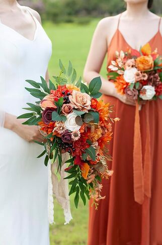 Ansofi 11" Burnt Orange Wedding Bouquets for Bride Rustic Boho Cascading Bridal Bouquet Flowers for Fall Vintage Wedding Party Ceremony Decor in Kuwait
