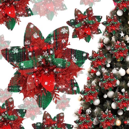Glitter Christmas Poinsettia Artificial Xmas Flower Ornaments Flowers Decorations with Clips and Stems Glitter Poinsettia Christmas Tree Ornaments for Christmas Wedding (Red, Green,36 Pieces) in Saudi Arabia