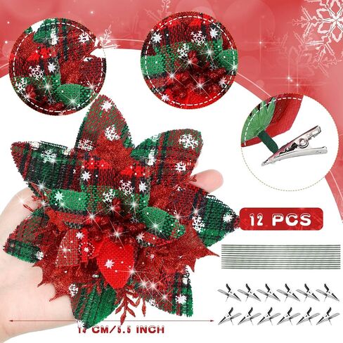 Glitter Christmas Poinsettia Artificial Xmas Flower Ornaments Flowers Decorations with Clips and Stems Glitter Poinsettia Christmas Tree Ornaments for Christmas Wedding (Red, Green,36 Pieces) in Saudi Arabia