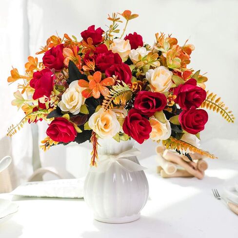 LESING Artificial Fake Flowers with Vase Silk Artificial Roses Wedding Flowers Bouquets Home Office Party Meeting Room Decoration (Red-1) in Saudi Arabia