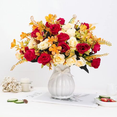 LESING Artificial Fake Flowers with Vase Silk Artificial Roses Wedding Flowers Bouquets Home Office Party Meeting Room Decoration (Red-1) in Saudi Arabia