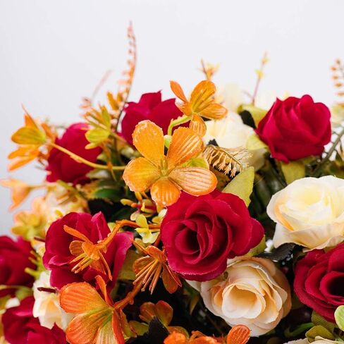LESING Artificial Fake Flowers with Vase Silk Artificial Roses Wedding Flowers Bouquets Home Office Party Meeting Room Decoration (Red-1) in Saudi Arabia