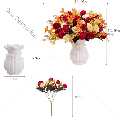 LESING Artificial Fake Flowers with Vase Silk Artificial Roses Wedding Flowers Bouquets Home Office Party Meeting Room Decoration (Red-1) in Saudi Arabia